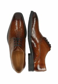 Smešane smeđe kožne cipele, s uzorkom krokodila, zaobljenim vrhom, vezivanjem i elegantnom crnom gumenu potplatu.