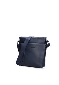 Borsa a tracolla in pelle blu navy con chiusura a zip, tracolla regolabile e tasca frontale; presenta un logo discreto sul lato.