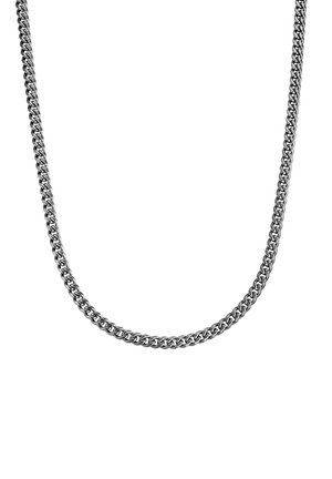 Silver chain necklace featuring interlocking links, a smooth texture, and a uniform width, hanging loosely against a white background.