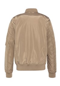 Giubbotto bomber color khaki realizzato in tessuto liscio e lucido, con colletto, polsini e vita a coste, dotato di tasche laterali.