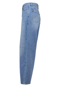 Lichtblauwe denim jeans met een hoge taille, taps toelopende pijpen, vijf zakken en zichtbare stiksels. Gladde textuur met een licht versleten uitstraling.