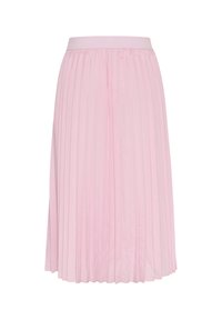 Jupe plissée rose avec une taille élastique, dotée de plis verticaux et d'un design mi-cuisse. Texture lisse et matériau léger.