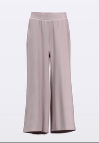 Hellrosa, weit geschnittene Hosen mit hohem Bund aus geripptem Stoff, mit glatter Textur und lockerem Sitz.