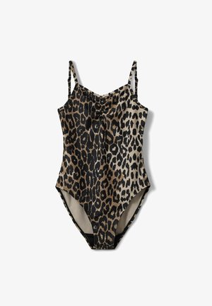 Jednoczęściowy strój kąpielowy z cienkimi ramiączkami i brązowo-czarnym wzorem w cętki lamparta na białym tle.