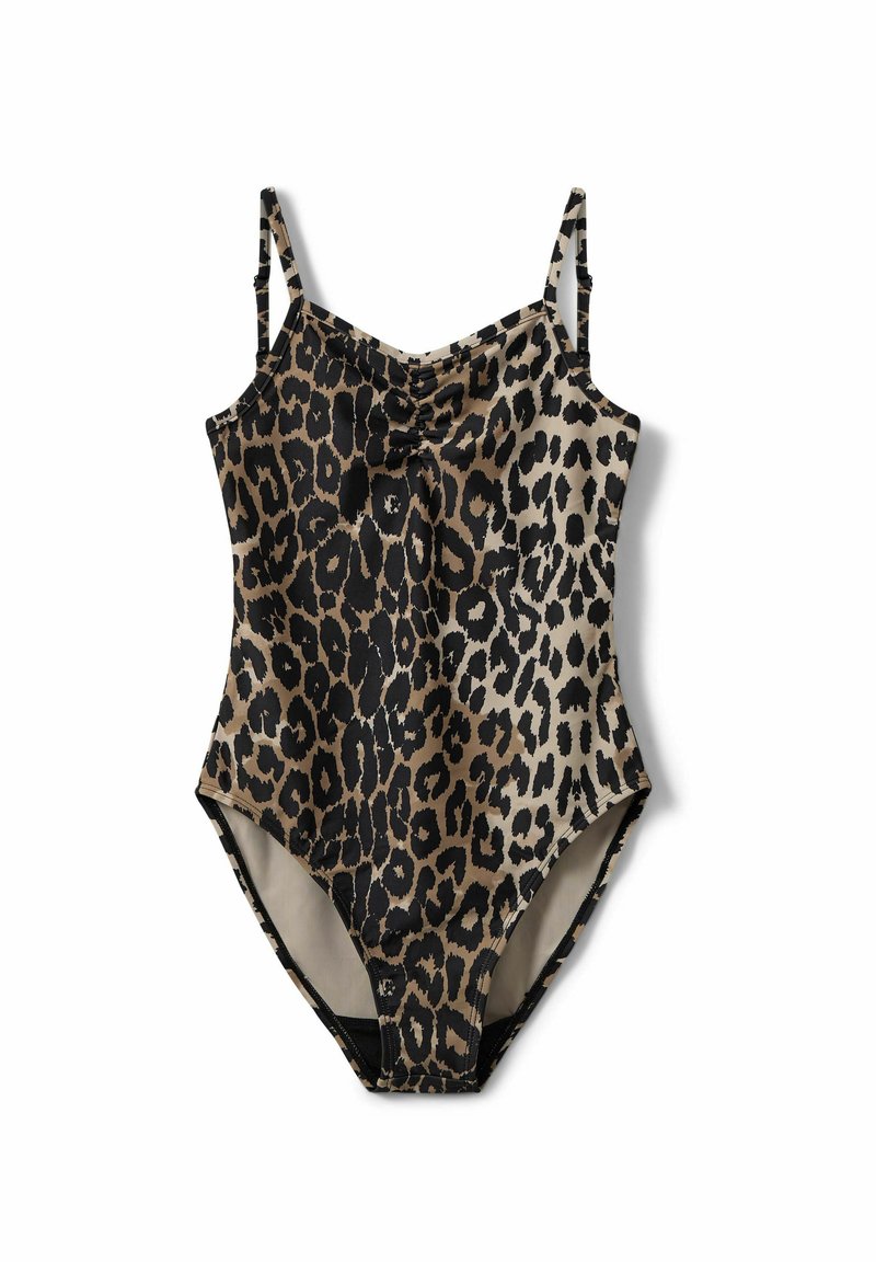 Maillot de bain une pièce à fines bretelles avec un imprimé léopard marron et noir sur fond blanc.