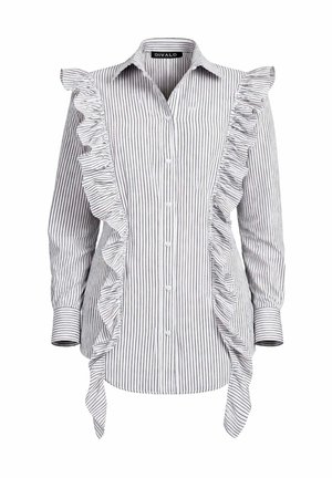 Weißes, langärmeliges Hemd mit Knöpfen, schwarzen vertikalen Streifen, mit Rüscheneinsätzen entlang der Vorderseiten und klassischem Kragen.