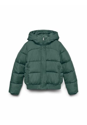Zielona kurtka puchowa z kapturem, z zamkiem z przodu, elastycznymi mankietami i dwoma bocznymi kieszeniami. Pikowany design z gładką fakturą.