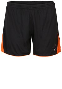 Zwarte sportshorts met oranje zijkanten, gemaakt van lichtgewicht stof. Voorzien van een elastische tailleband en borduursel op één been.