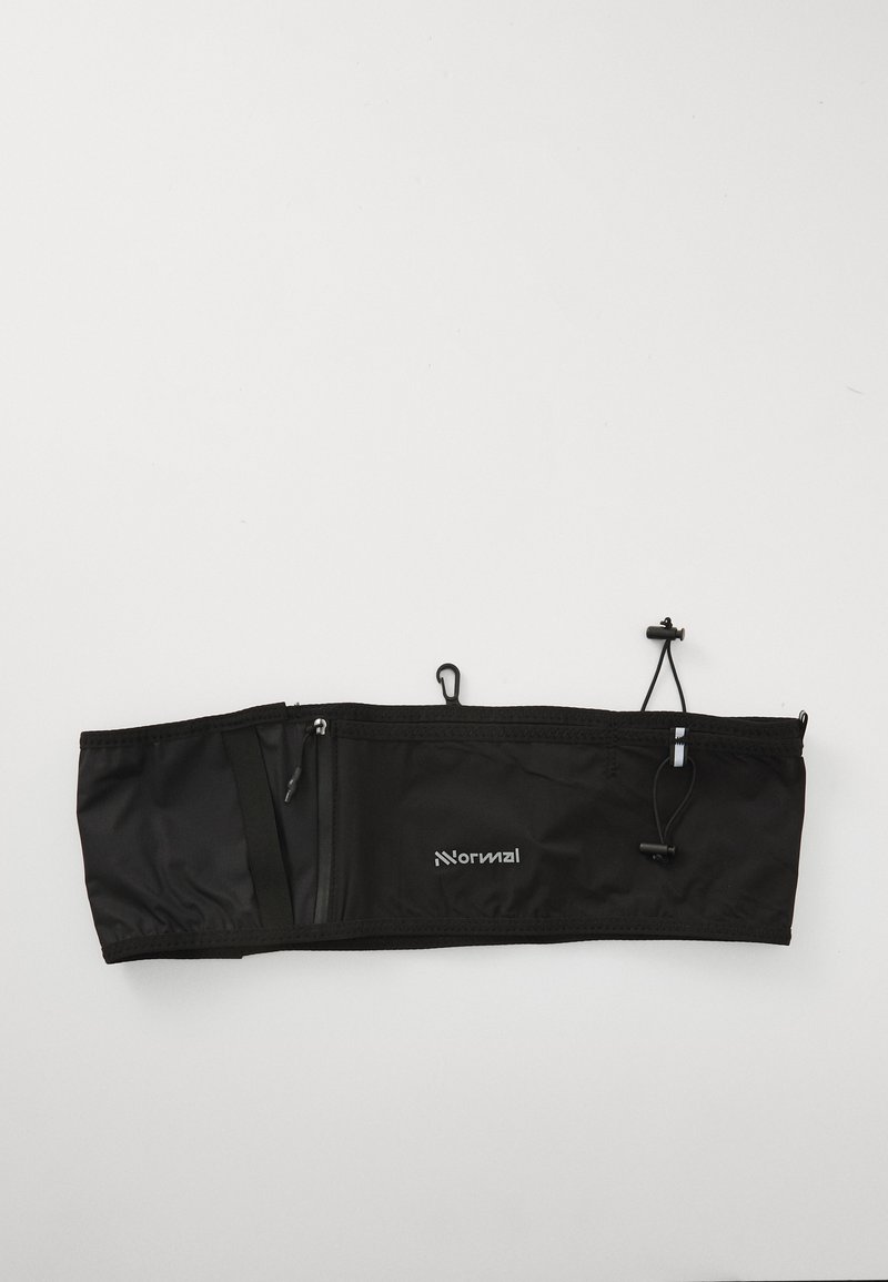 Black fabric waist pouch featuring a zippered pocket, adjustable drawstring, and a logo in the center. Smooth texture and compact design.