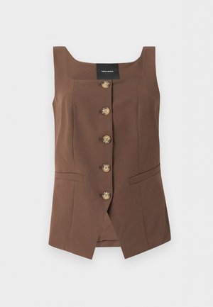 Ruda be rankovių liemenė su kvadratine iškirpte, penkiais priekiniais mygtukais, dviem horizontaliomis dirbtinėmis kišenėmis ir pritaikytu siluetu.