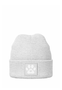 Gray knit beanie with a ribbed texture, featuring a white embroidered patch displaying a paw print and heart in the front.