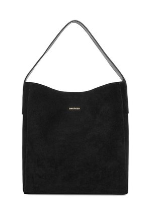 Sac à bandoulière en daim noir avec une seule sangle et un logo doré "GINO ROSSI" centré sur le devant.