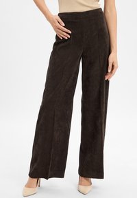 Femme portant un pantalon en velours côtelé large marron foncé et des talons hauts beiges, posant avec une main sur la hanche et l'autre le long du corps.