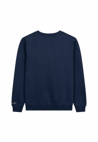 Sudadera azul marino de manga larga, cuello redondo y puños de canalé. Presenta detalles cosidos en el dobladillo. Tejido suave de mezcla de algodón.