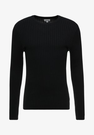 Black ribbed long-sleeve sweater with a crew neck; textured fabric features vertical lines; fitted silhouette; no visible embellishments or accents.
