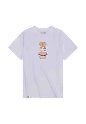 White short-sleeve t-shirt with cartoon burger components (bun, mustard, ketchup, patty) stacked vertically at center front.