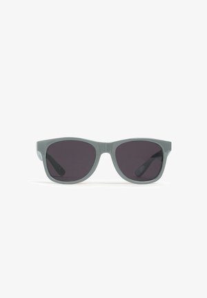 Gray plastic sunglasses with dark lenses, featuring a classic cat-eye shape and smooth texture. No visible branding or patterns.