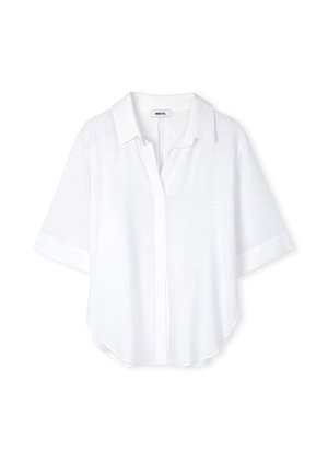 Witte short-sleeve shirt met een knoopsluiting aan de voorkant, een zachte textuur en een afgeronde zoom. Beschikt over een klassiek kraag en een ontspannen pasvorm.