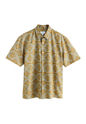 Short-sleeve button-up shirt in mustard yellow with a geometric white and green pattern, featuring a spread collar and regular fit.