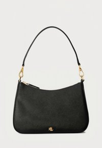 Mala de ombro em couro preto texturizado com ferragens douradas, fecho de correr e pequeno logótipo dourado "RLL" no centro inferior.