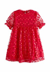Robe rose en tissu transparent superposé avec des manches courtes bouffantes, ornée de fleurs en paillettes et une fermeture à boutons dans le dos.