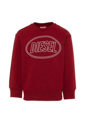 Felpa rossa a maniche lunghe con polsini e orlo a coste, con un grande logo ovale bianco con la parola "DIESEL" al centro.