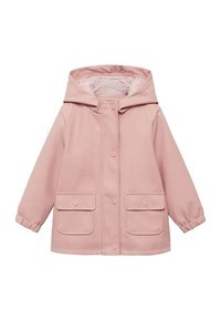 Ružičasta vodootporna jakna s kapuljačom, kopčanjem na gumbi, elastičnim manžetama, dva prednja džepa i prugastom podstavom. Glatka vanjska tekstura.