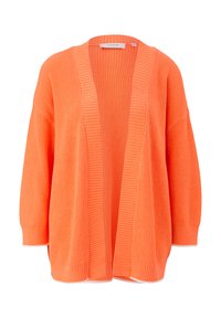 Strickjacke in leuchtendem Orange. Offenes Frontdesign mit breiten Rippdetails an den Bündchen und Kanten. Weiche Textur, lockere Passform.