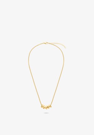 Collier en or avec une chaîne fine et cinq pendentifs lisses et arrondis. Comprend un fermoir avec une chaîne réglable pour ajuster la longueur.