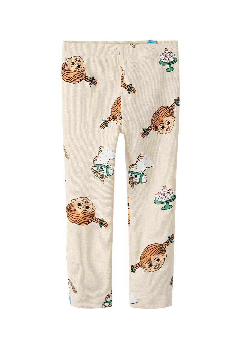 Trykte leggings i beige ribbet stof med legende illustrationer af ansigter og desserter i forskellige farver. Elastisk taljebånd.