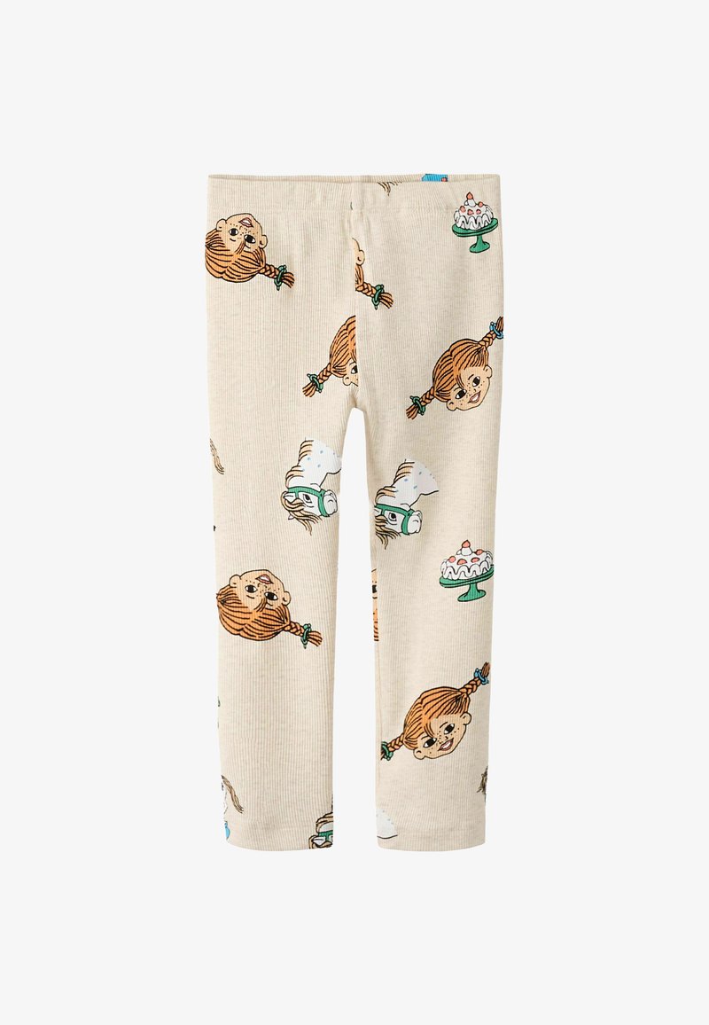 Leggings estampados en tejido beige acanalado que presentan ilustraciones divertidas de rostros y postres en varios colores. Cintura elástica.