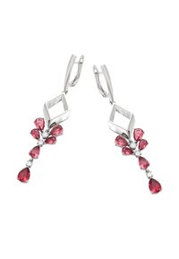 Strieborné náušnice s geometrickým diamantom tvarovaným vrchom a kaskádou ružových drahokamov, s šiestimi hruškovými a jedným kvetinovým akcentom.