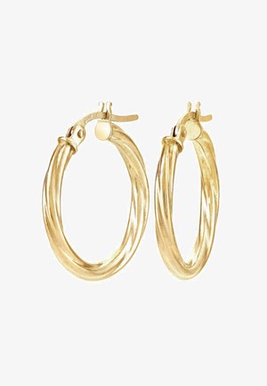 Gold hoop earrings with a twisted design. Smooth texture with a shiny finish. Hinged clasp for secure closure. Circular shape.