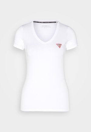 T-shirt en coton blanc avec une coupe ajustée, des manches courtes et un col en V. Présente un petit logo triangulaire rouge sur la zone du côté gauche de la poitrine.
