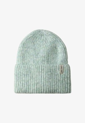Light green knitted wool beanie with folded cuff and small fabric label reading "STREET ONE" on the side.
