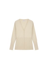 Beige knit cardigan featuring a v-neck, six buttons down the front, and ribbed texture on the bottom half and sleeves.