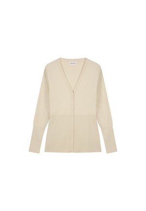 Beige Strickcardigan mit V-Ausschnitt, sechs Knöpfen auf der Vorderseite und geripptem Textil am unteren Teil und den Ärmeln.
