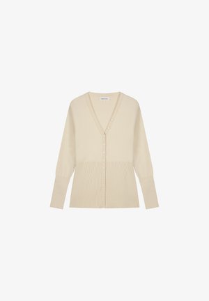 Beige gebreide cardigan met een v-hals, zes knopen aan de voorkant en een ribbelstructuur aan de onderkant en op de mouwen.
