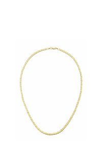Złota naszyjnik łańcuszkowy z serią prostokątnych ogniw, gładką fakturą i bezpiecznym zapięciem na karabińczyk.