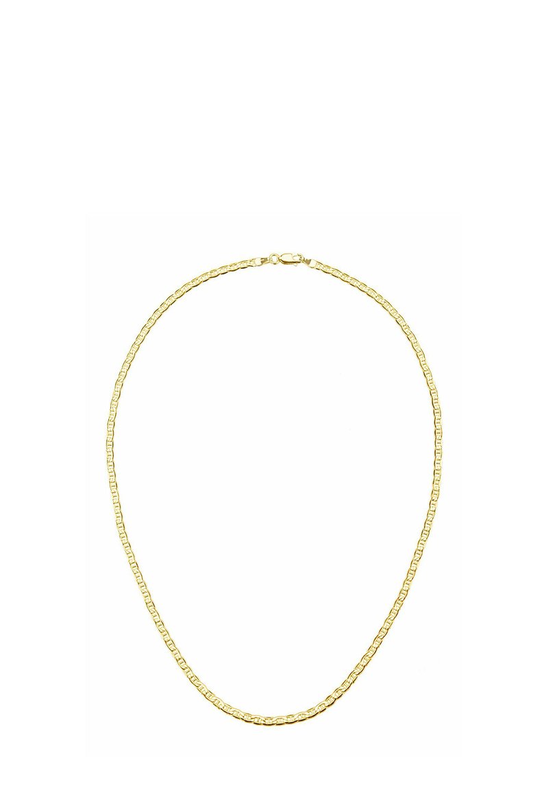 Złota naszyjnik łańcuszkowy z serią prostokątnych ogniw, gładką fakturą i bezpiecznym zapięciem na karabińczyk.