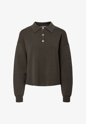 Tumeroheline lühendatud pusa kraega kaelusega, nelja dekoratiivse nööbiga ja pika varrukaga, millel on soonikkoes mansetid. Pehme tekstuur.