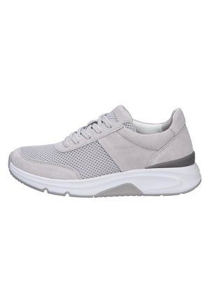 Light gray athletic shoe with mesh and suede materials, lace-up design, cushioned sole, and textured accents on the heel.