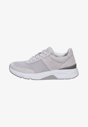 Light gray athletic shoe with mesh and suede materials, lace-up design, cushioned sole, and textured accents on the heel.
