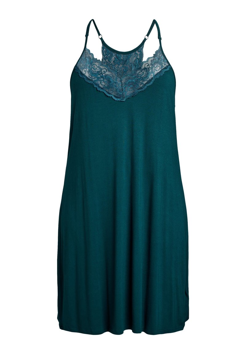 Turkusowa nocna koszula z koronkowymi akcentami przy dekolcie, z regulowanymi ramiączkami i luźnym, swobodnym krojem. Miękka tkanina o gładkiej teksturze.