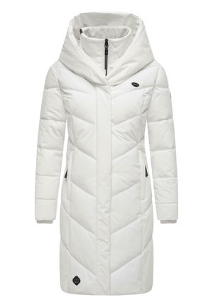 White padded coat with a high hood, featuring a diagonal chevron pattern, zippered front, and side pockets with black accents.