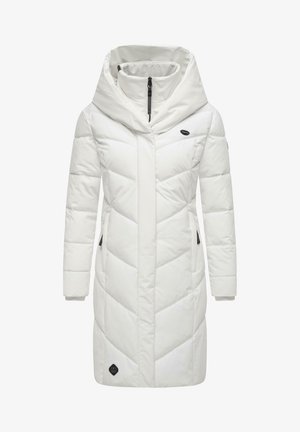 Biela vypchatá bunda s vysokou kapucňou, so šikmým chevronovým vzorom, zipsom vpredu a bočnými vreckami s čiernymi akcentmi.