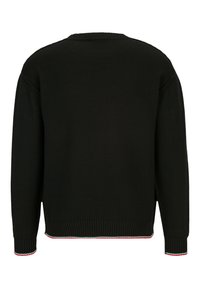 Schwarzer gestrickter Pullover mit rundem Ausschnitt, gerippten Bündchen und Saum, der farbige Stickereien entlang des unteren Saums und der Bündchen aufweist.