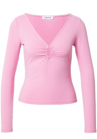 Rosa, langärmliges Rippenoberteil mit V-Ausschnitt und gerafftem Vorderteil, das in der Mitte mit einem verlängerten ovalen Ausschnitt versehen ist.