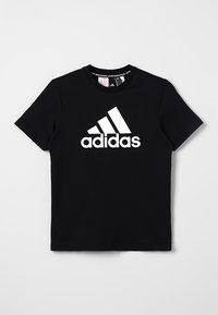 Czarna bawełniana koszulka z krótkim rękawem i okrągłym dekoltem. Z przodu duży biały logo Adidas. Gładka tekstura.
