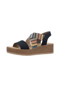 Open-toe wedge sandals with a navy blue upper, colorful patterned straps, and a textured jute-look platform sole.
